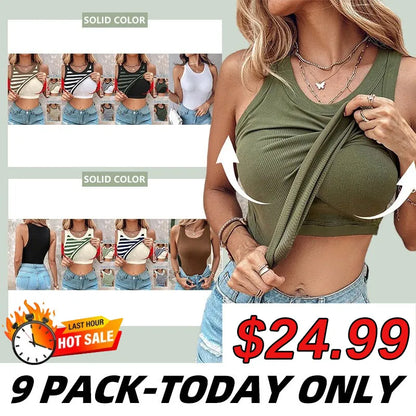 🍃Round Neck Built-in Bra Ribbed Tank Top Fit Casual Comfortable💥