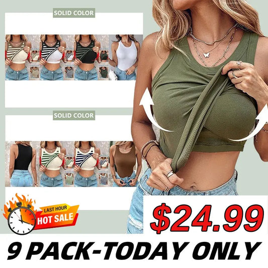🍃Round Neck Built-in Bra Ribbed Tank Top Fit Casual Comfortable💥